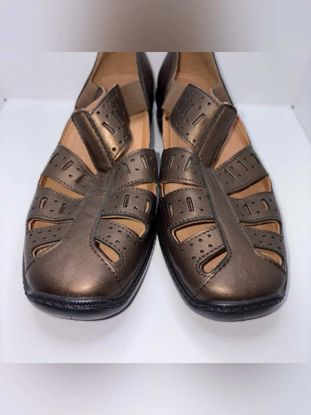 Hotter Shoes Women Sz 8 Casual Slip Ons Flats Metallic Bronze Leather Comfort